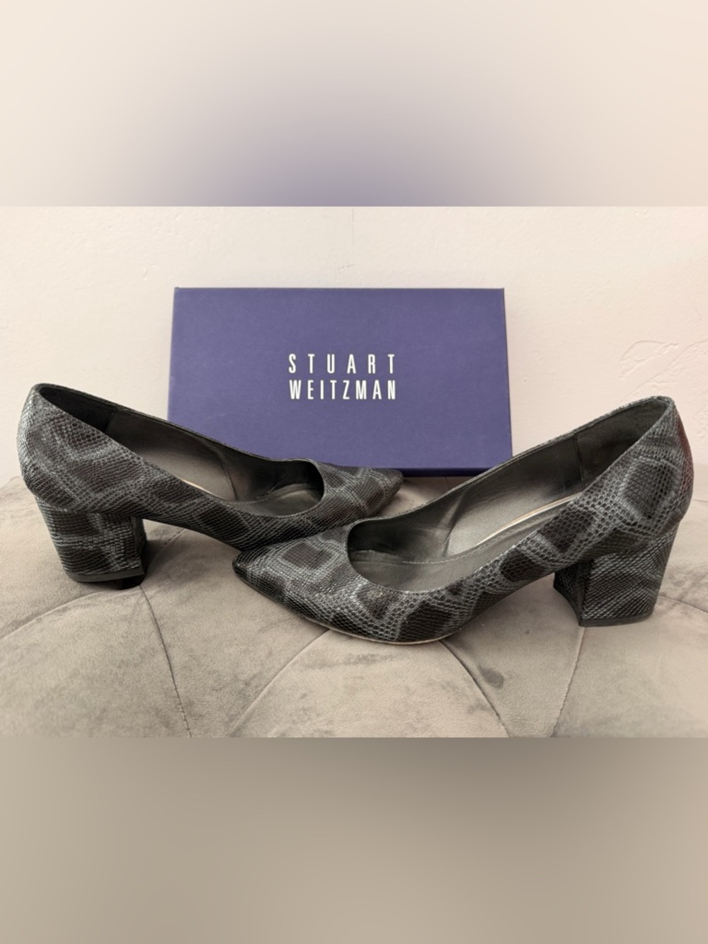 Stuart Weitzman Coral Rattler Gray Black Snake-Print Block Heel Pumps